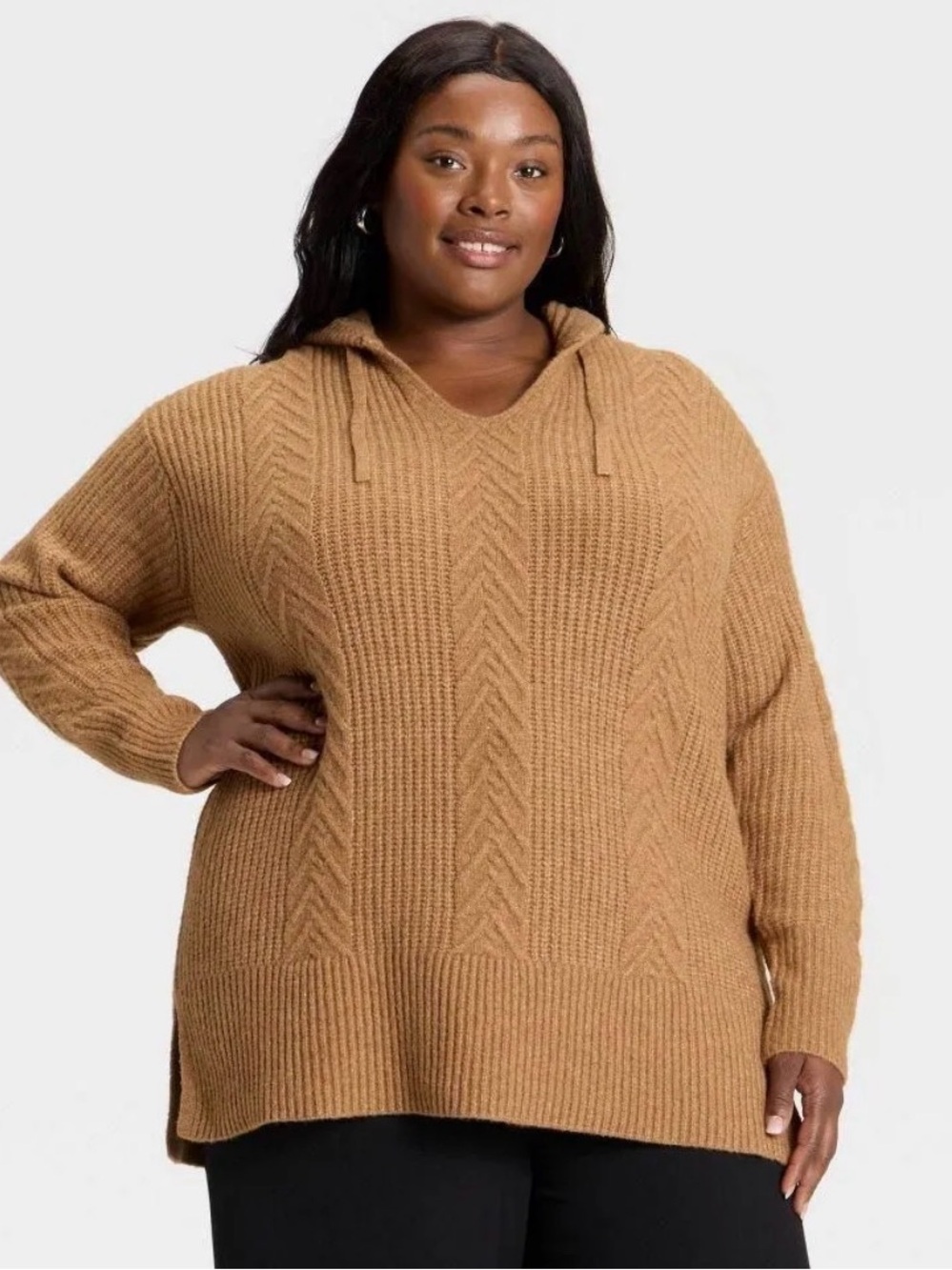 Ava & Viv Camel Cable Knit V-Neck Hoodie Sweater